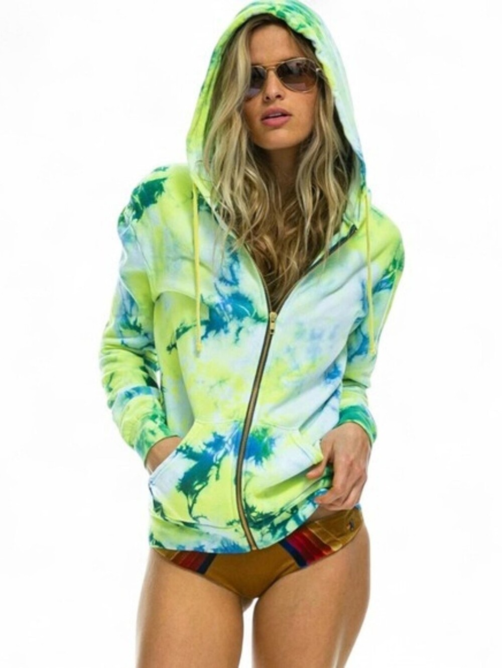 Tie-Dye Zip Hoodie in Blue & Yellow - Women's Lightweight Pullover